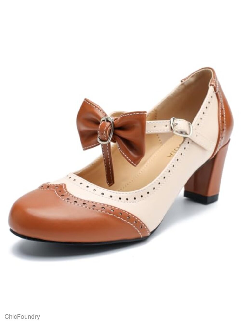 Vintage Mary Jane Pumps Chunky Heel Faux Leather Bow Ankle Strap